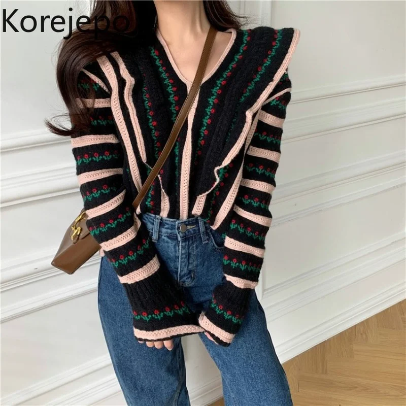 

Korejepo Women Knitted Sweater 2021 Autumn Korean Chic Retro Printed V-neck Long SleeveSweater Ruffled Contrast Color Loose Tops