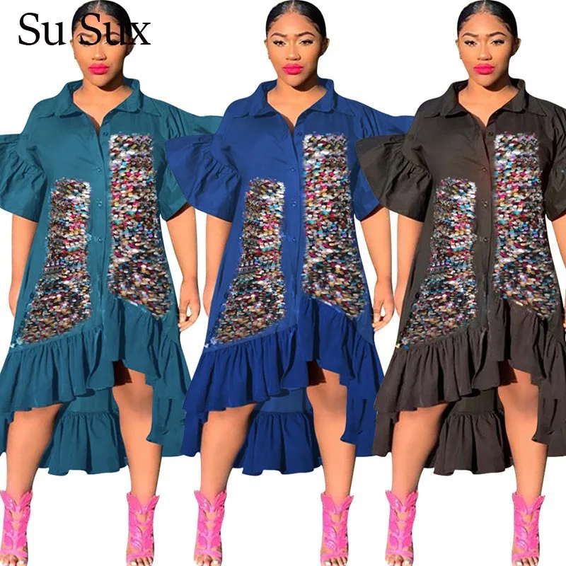 

Sequins Skirt Dress Women African Clothes Plus Size Flare Sleeve Ruffles Dress Front Short Back Long Loose Dress Vestidos Summer