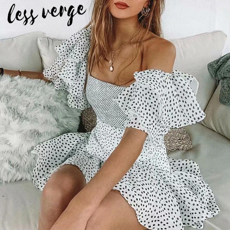 Lessverge летнее платье в белый горошек с оборками, сексуальное шифоновое вечернее платье с открытыми плечами, женское элегантное пляжное платье в стиле бохо, robe femme
