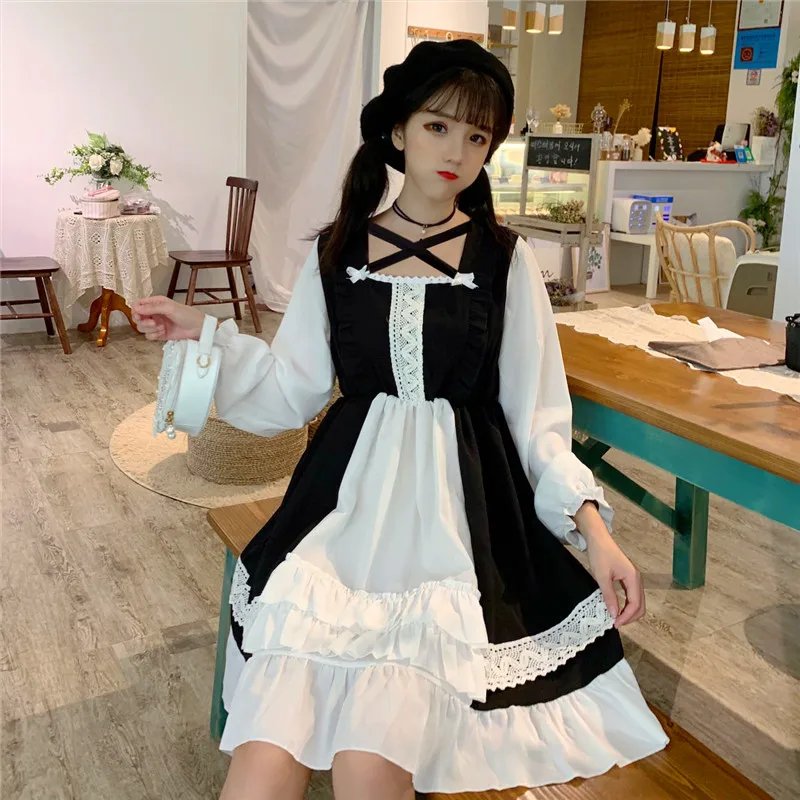 Kawaii/платье в японском стиле «Лолита»; мягкое милое Повседневное платье для девочек с короткими рукавами; студенческое летнее платье