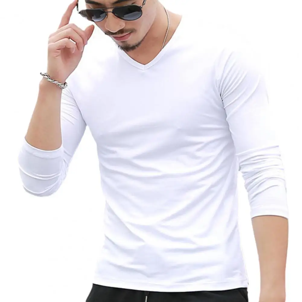 

Простая тонкая мужская футболка с длинным рукавом, однотонная, устойчивая к усадке, рубашка с V-образным вырезом, пуловер, мягкий, базовый, пр...