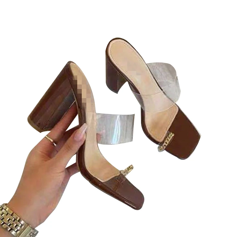 

Women High Heels Sandals Clip Toes Square Toe Transparent Thick Heel Female Slippers Solid Fashion Summer Woman Shoe 2021 Size
