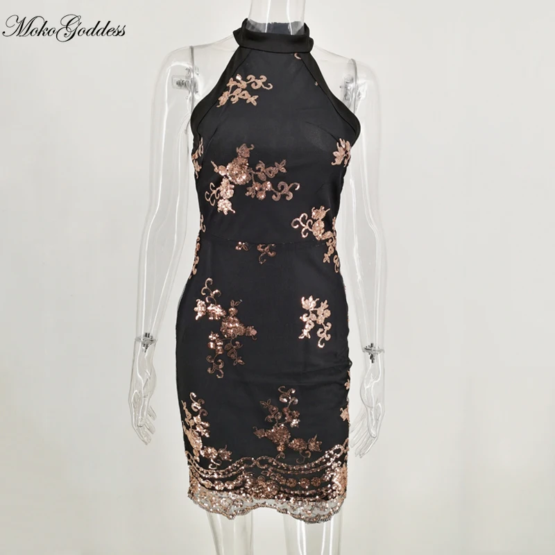 Платье-Карандаш женское золотистое с блестками и лямкой на шее | Женская одежда