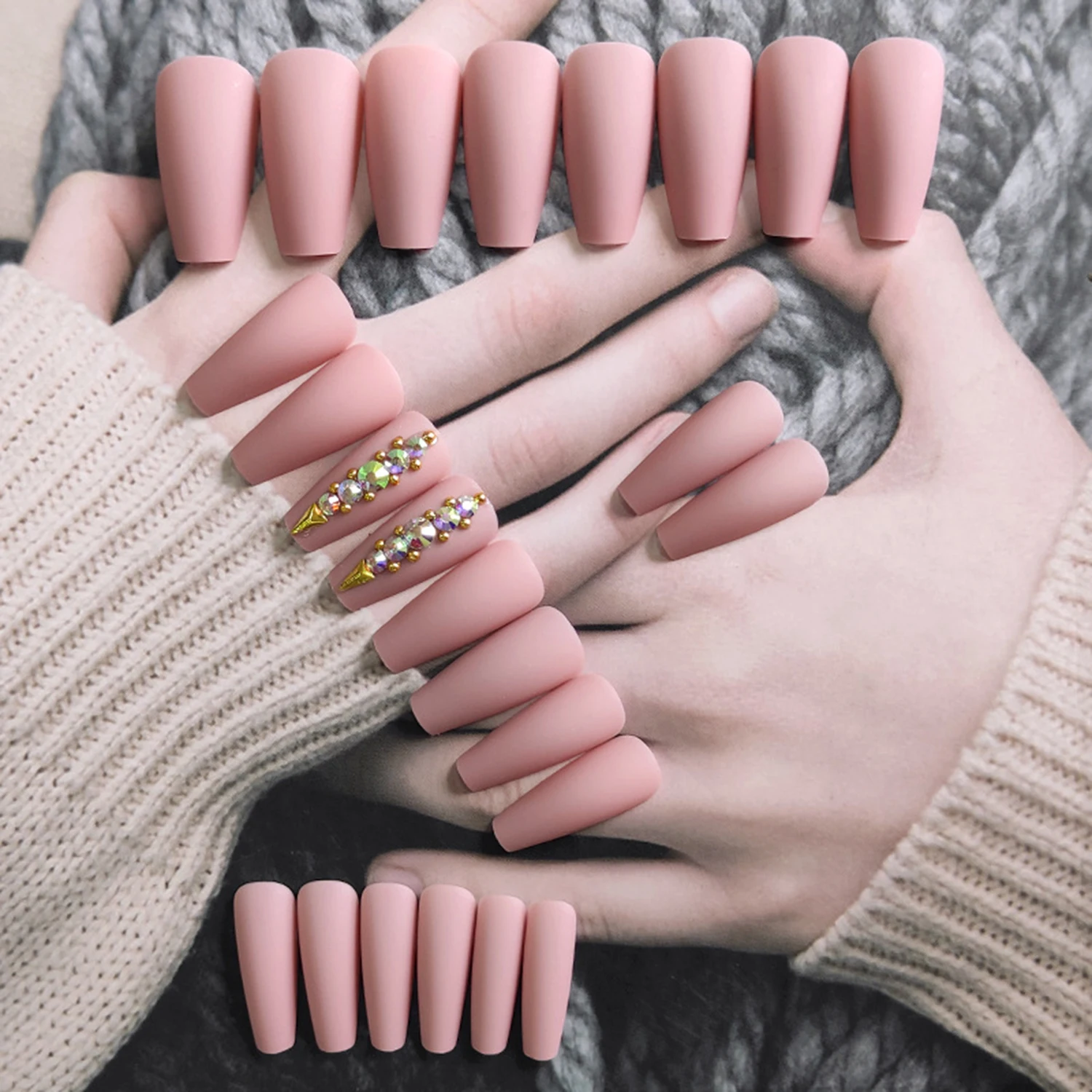 

24pcs/Box Women Coffin Full Cover Artificial Wearable Nail Tips Fake Nails Rhinestone Ballerina False Nail Tip
