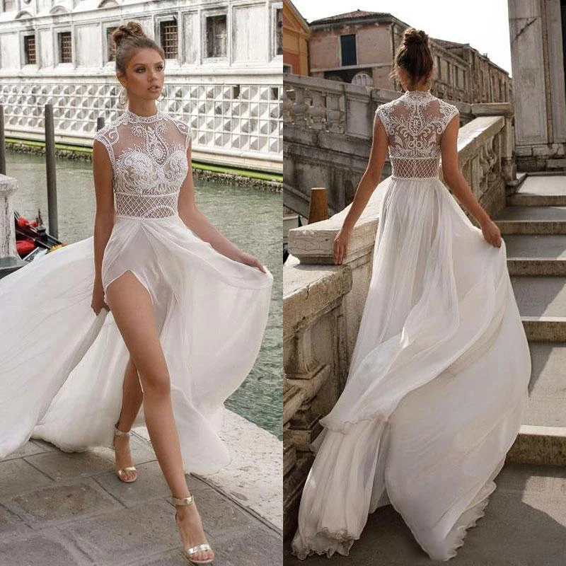 

Julie Vino 2019 High Slits Wedding Dresses Bohemia Sexy Lace Appliqued Bridal Gowns A Line Beach Wedding Dress