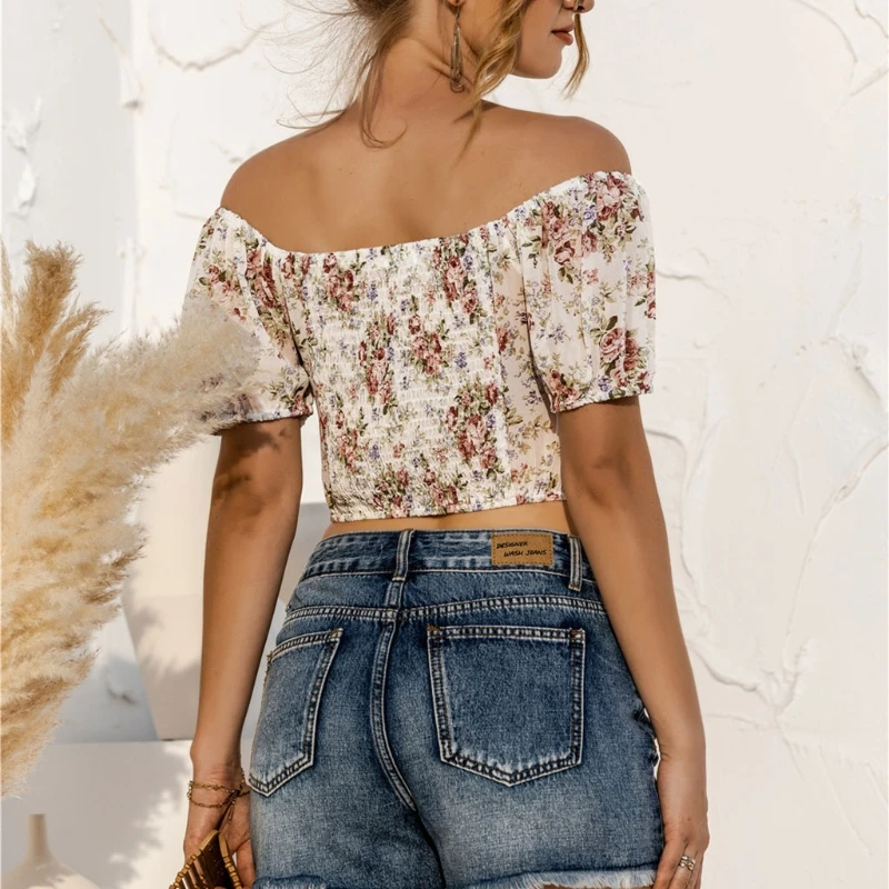 

Women Short Sleeve Sexy Off Shoulder Crop Top Boho Floral Drawstring Hem Shirt
