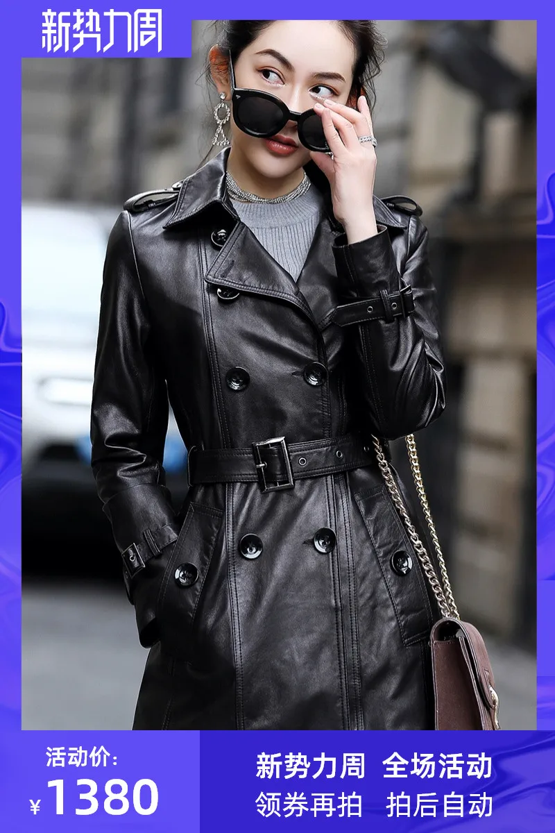 

JCHB 2021 New Spring and Autumn genuine leather coat Women's Mid-length sheepskin slim leather jacket windbreaker thickened coat