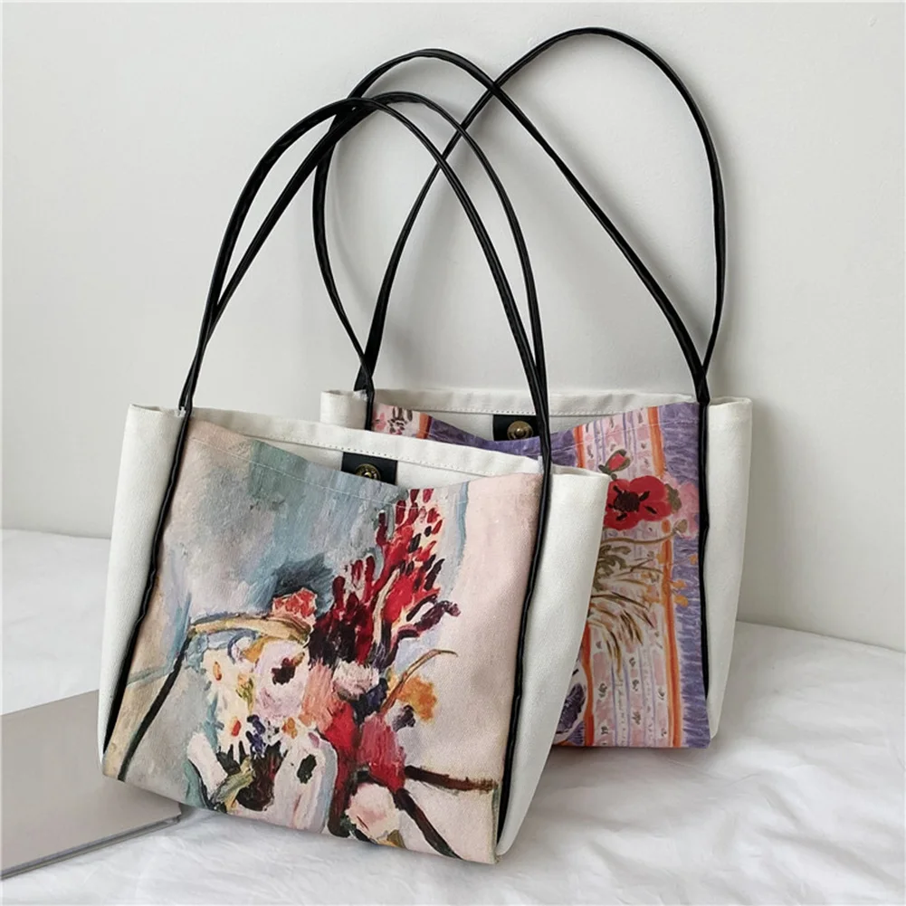 

Canvas Oil Painting Print Shoulder Bag Vintage Women Top-handle Large Handbags Fashion Exquisite Shopping Bag
