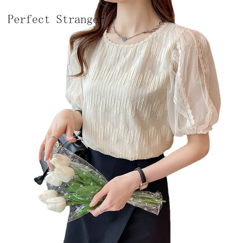 

2021 LeisureWomens Tops and Blouses Short Sleeve Shirts Women Round Collar Chiffon Women's Blouse Vintage Top Female