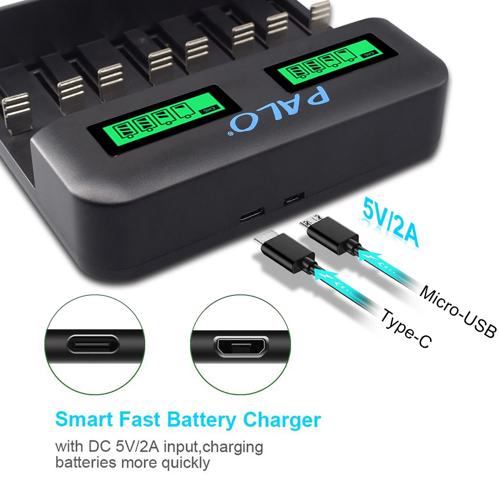 Зарядное устройство PALO с 8 слотами USB для аккумуляторов 1 2 в Ni MH/Ni CD AA AAA C D умное