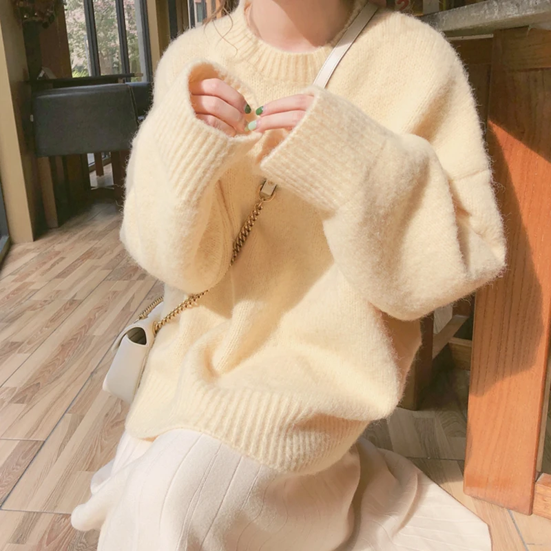 

SALEQI Sweaters for Women Yellow O-Neck Pullovers Vintage Knitted 2021 Autumn Winter New Clothes Solid Casual Korean Loose Top