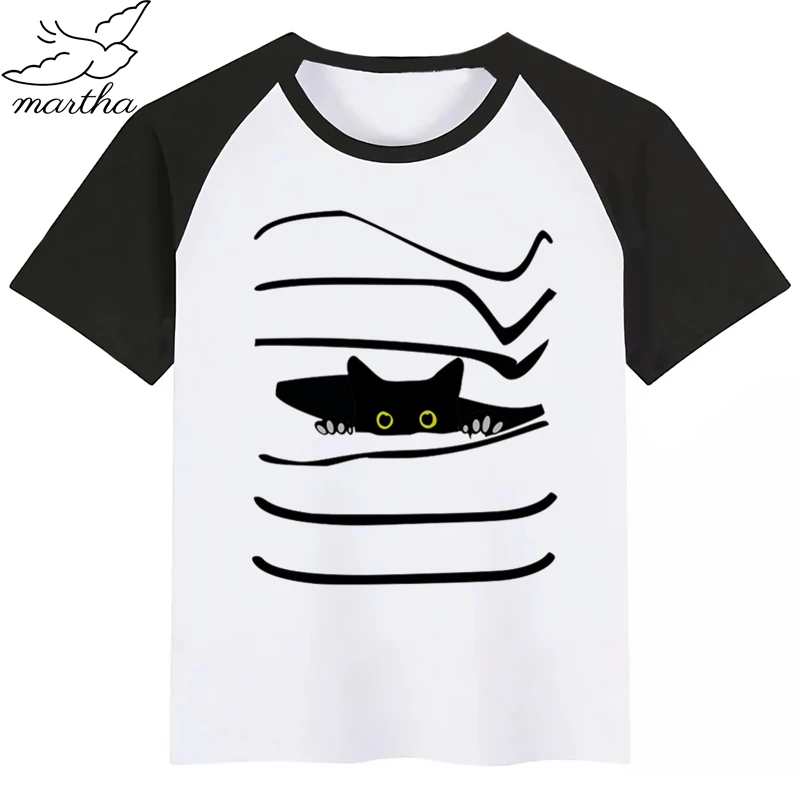 Kids Black Cat Print Funny T-shirt Summer Short Sleeve Tops Children Cartoon Tshirt Baby Clothes | Мать и ребенок