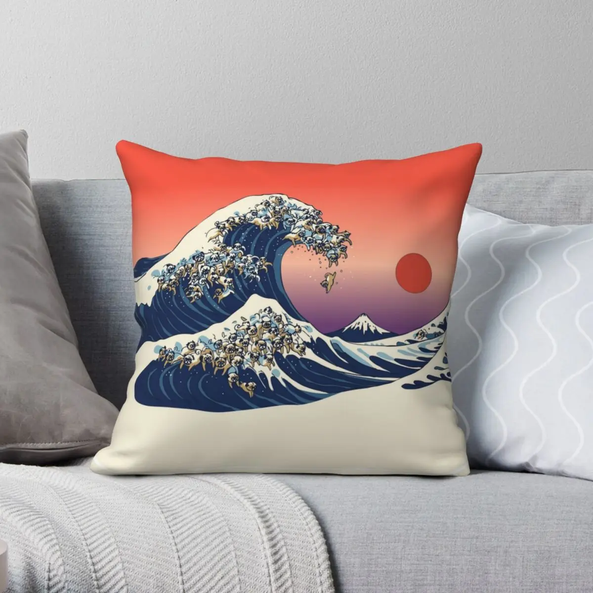 

Квадратный чехол для подушки The Great Wave Of Pug, чехол из полиэстера и льна с бархатным узором, декоративный чехол для подушки на молнии, чехол для ...