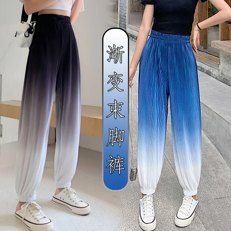 

602# Summer Thin Ice Silk Cool Maternity Full Long Jogger Pants Elastic Waist Belly Wide Leg Loose Clothes for Pregnant Chic Ins