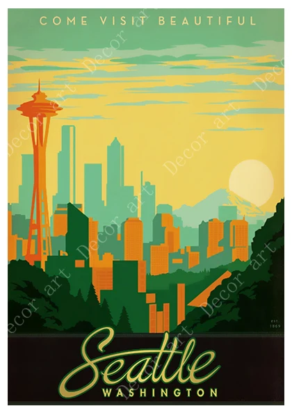 Дорожная холщовая картина из США Сиэтл Вашингтон винтажные настенные крафт