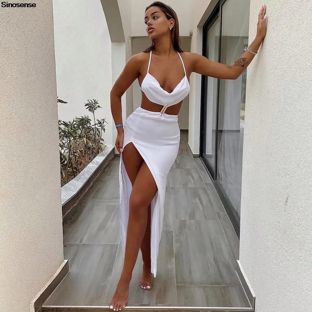

Sexy Backless Spaghetti Straps Split Long Maxi Dress Summer Holiday Elegant Cut Out Sleeveless Dress Evening Club Party Outfits