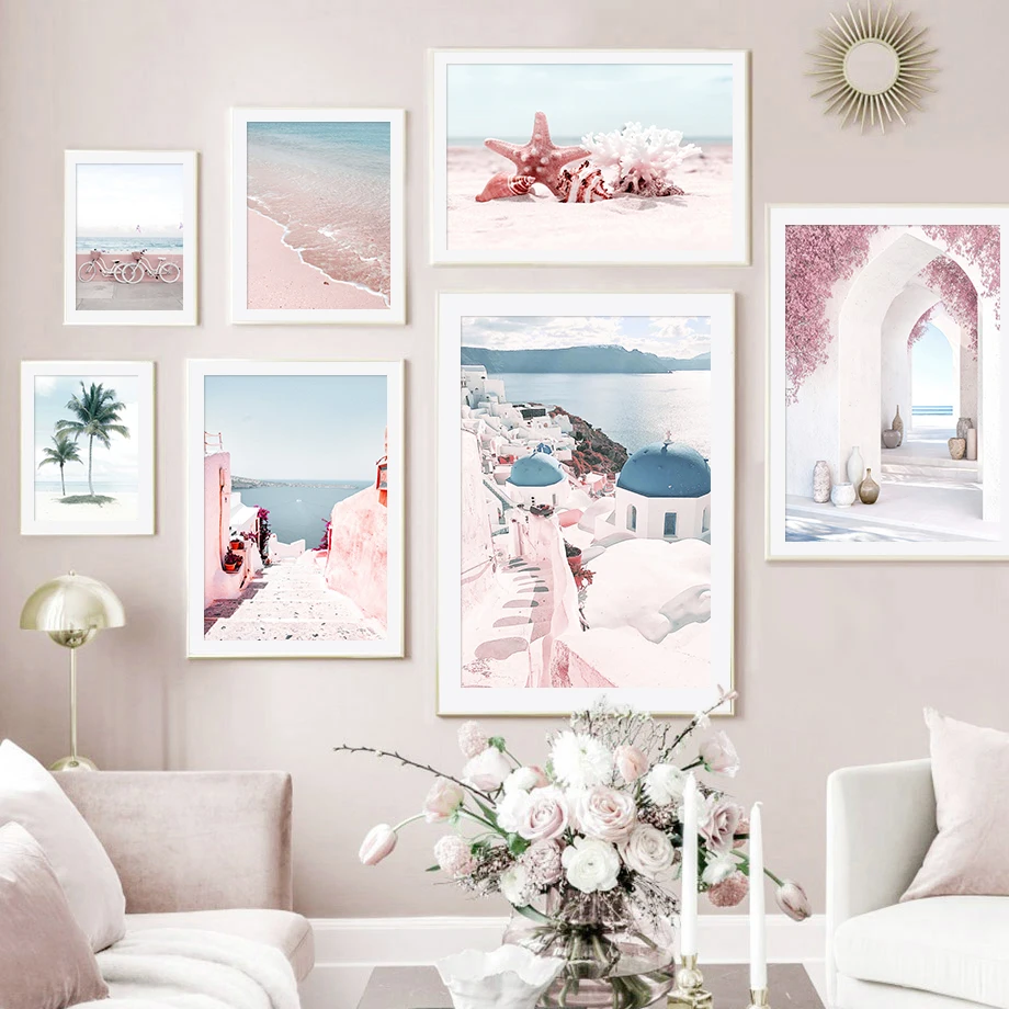 

Aegean Sea Beach Cherry Palm Tree Coral Wall Art Canvas Painting Nordic Posters And Prints Wall Pictures For Living Room Decor