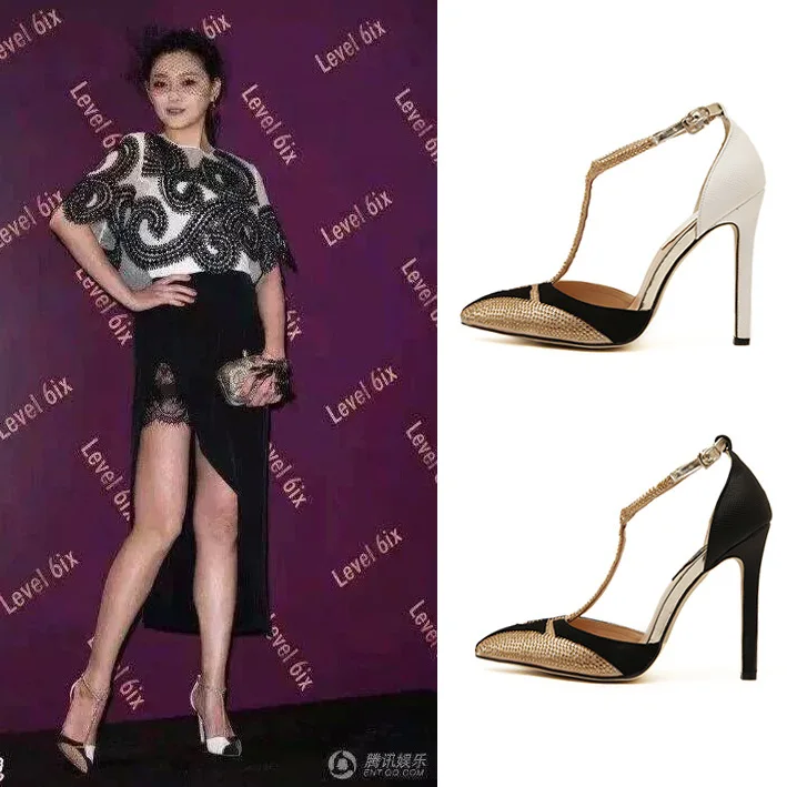 

Big women's single shoes diamond color matching pointed shallow high heels