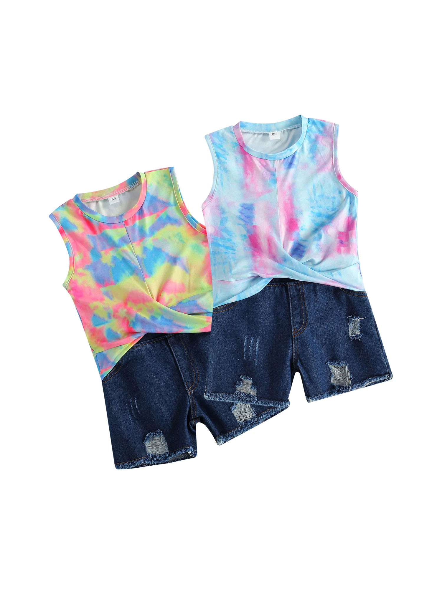 

Майка для маленьких девочек, топ без рукавов с принтом в виде галстуков и О-образным вырезом, джинсовые шорты, комплект одежды из 2 предметов,...