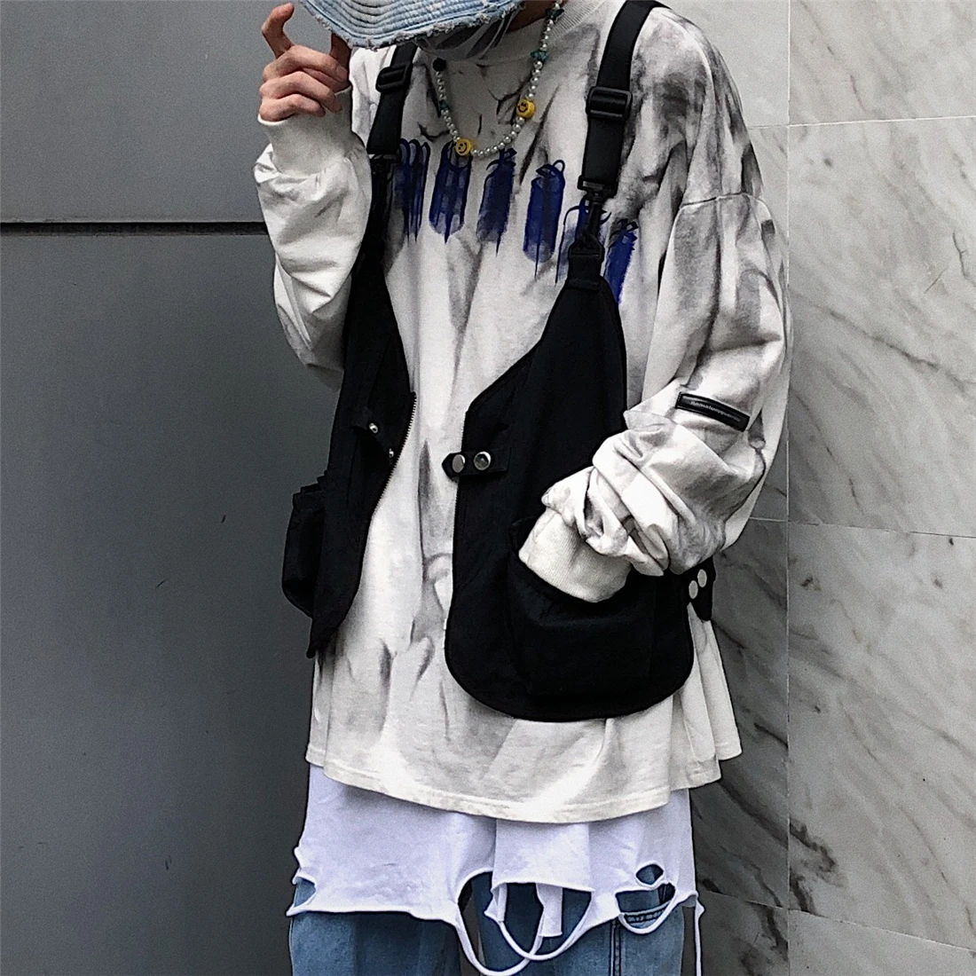 Новая нагрудная сумка мужская функциональная жилетка корейский Harajuku уличный стиль Большая вместительная сумка через плечо для женщин Черная Хлопковая сумка-мессенджер