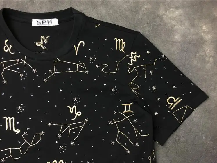 

New High 19ss Men Embroidery 12 constellation T Shirts kanye T-Shirt Hip Hop Skateboard Street Cotton T-Shirts Tee Top #B51