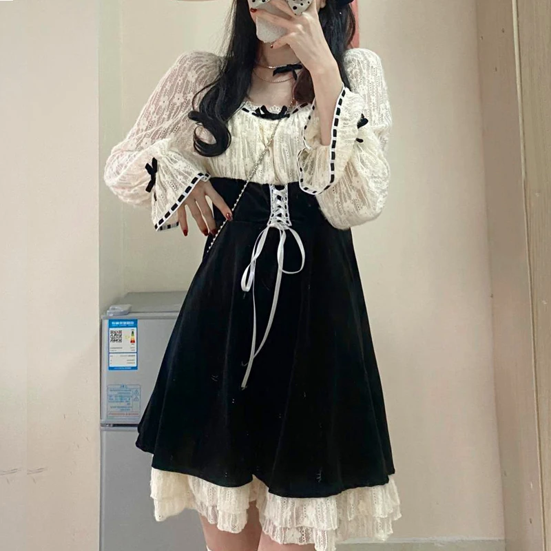 

2021 Spring Elegant Vintage Dress Women Square Collar Lace Sweet One Piece Dress Korean Evening Party Retro Mini Dress Female