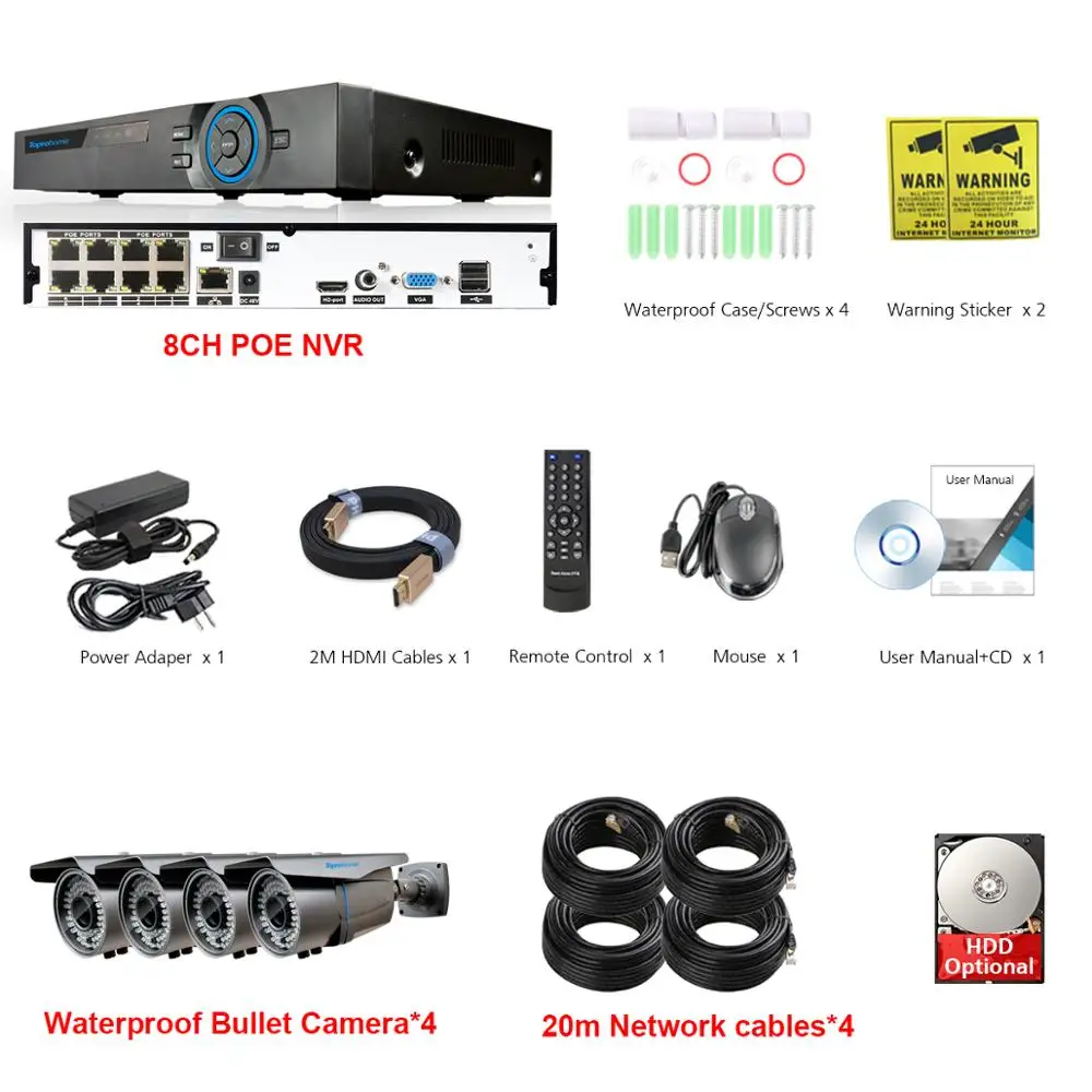 TOPROHOMIE H.265+ 4CH система NVR 5MP POE NVR комплект 4MP IP66 водонепроницаемый 2,8 мм-12 мм зум POE ip-камера 4CH комплект видеонаблюдения - Цвет: 4 Camera with Cables