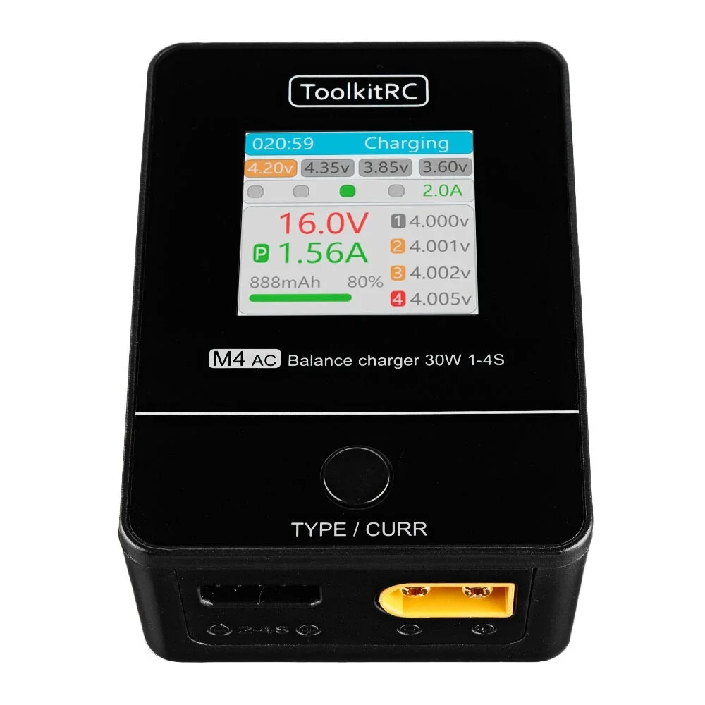 

Умное зарядное устройство ToolkitRC M4AC, 30 Вт, 2,5 А, выход XT30/XT60 для 1-4S LiPo LiHV LiFe Battery - XT60 с европейской вилкой