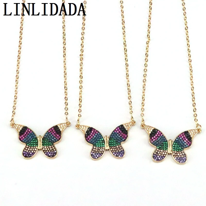 

5Pcs New Popular Gold Color CZ micro pave Butterfly Pendants Fashion Jewelry Necklaces For Women