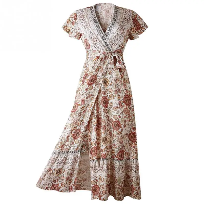 Длинный пуловер с цветочным принтом сексуальное пляжное платье из хлопка