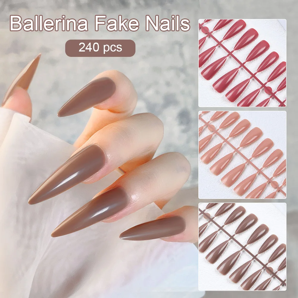 

240pcs Long Fake Nails Coffin Glossy Artificial Plastics Impress Press On Nails False Girls Ballerina full cover False Nails