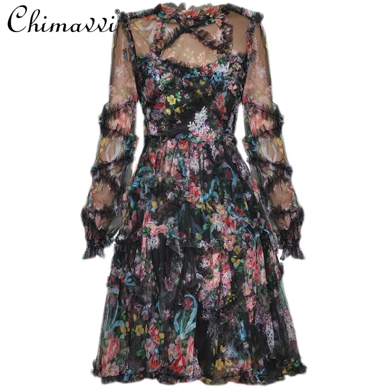 

High-End Stand Mesh Printed Mini Dress Lantern Long Sleeve Ruffled High-Waist Bow Gown 2021 Fairy Elegant Sweet Short Dress Lady