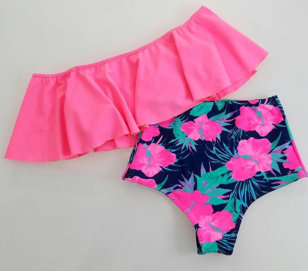Купальник с высокой талией, сексуальный купальник с оборками, женский полосатый бикини с открытыми плечами, купальный костюм, бикини, набор размера плюс, купальник