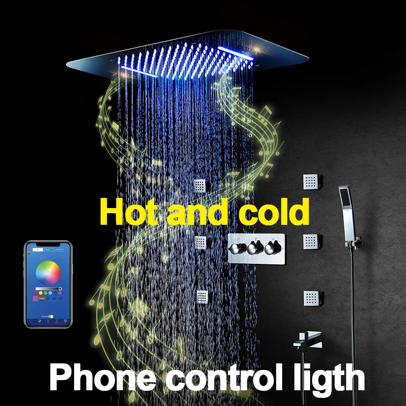 Bluetooth музыкальный светодиодный светильник, душевая головка 580*380 мм, водопад, Душ, смеситель для ванной, смеситель для душа, потолочный душевой набор 304SUS - Цвет: Phone Control
