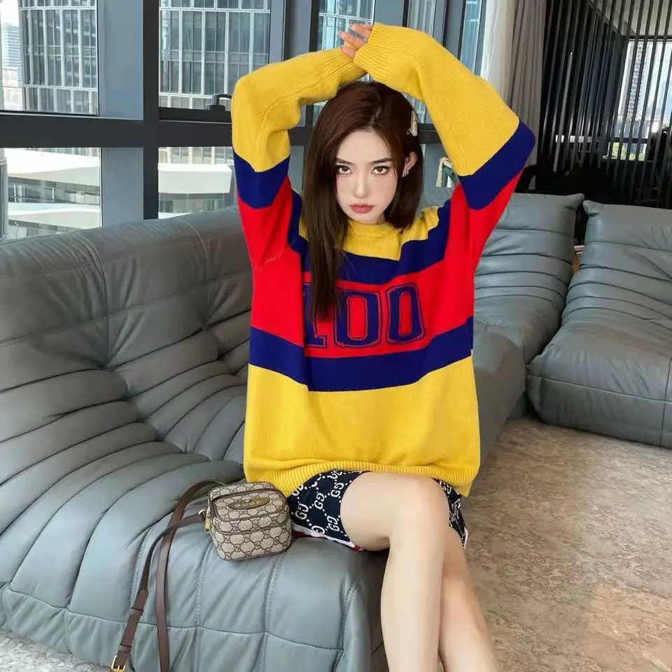 

Женский пуловер в стиле ретро, свободный трикотажный жаккардовый пуловер в Корейском стиле, с подбором цветов, Осень-зима 2021