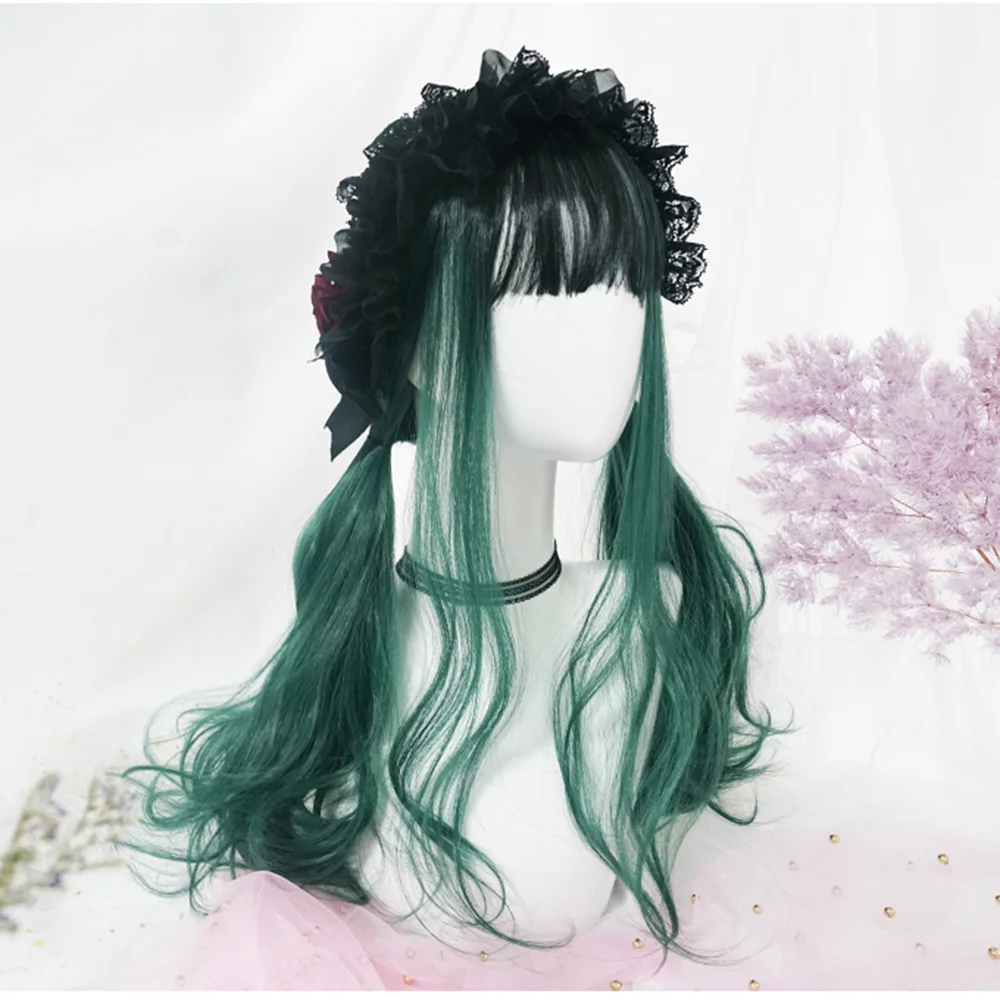 

CosplayMix 67CM Halloween Lolita Girls Cute Long Wavy Fluffy Black Mix Green Ombre Bangs Party Synthetic Hair Cosplay Wig+Cap