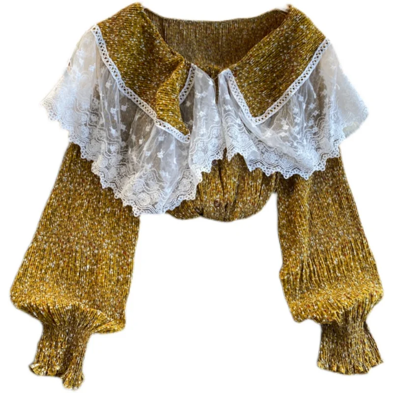 

Fairyland lace lace ruffle Lapel foam sleeve pleated Floral Chiffon shirt age reducing top women's fashion