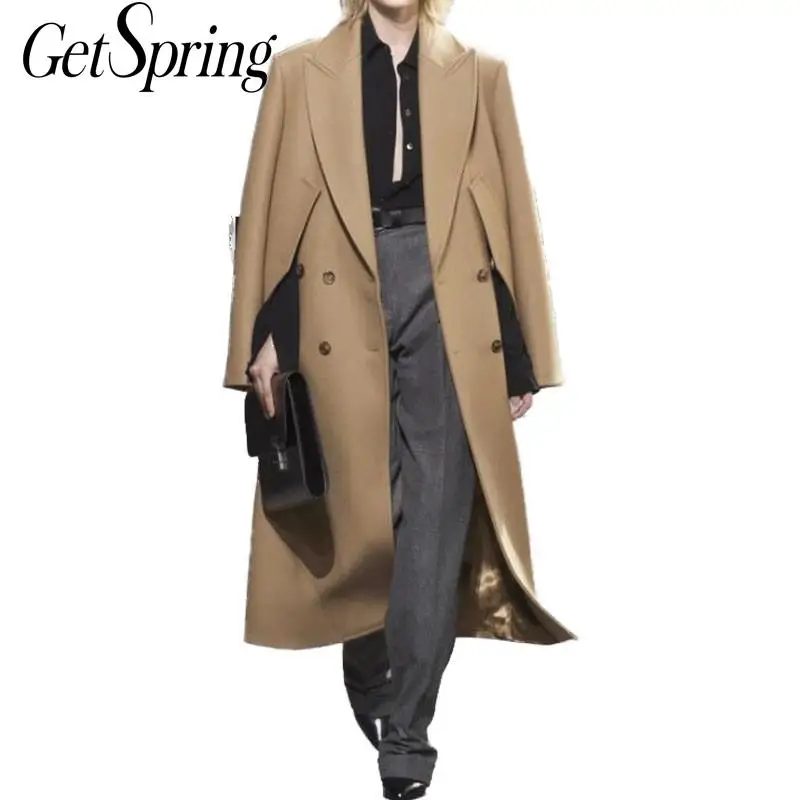 GETSPRING Женское пальто женские тренчи двубортные ВИНТАЖНЫЕ с отложным воротником