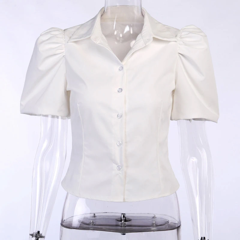 

Spring Summer Puff Short Sleeves Women's Shirts Slim Buttons Turn Down Collar Tops Female 2021 White Vintage