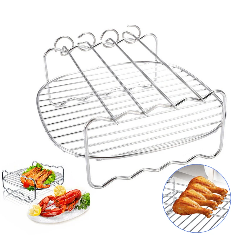 7 inch Double grill air fryer accessories Baking Tray Skewers Stainless Steel Holder BBQ Rack with 4pcs barbecue pins |