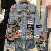 womens denim jacket 2021 new autumn korean slim badge labeling short jacket ladies fashion chic long sleeve tops streetwear