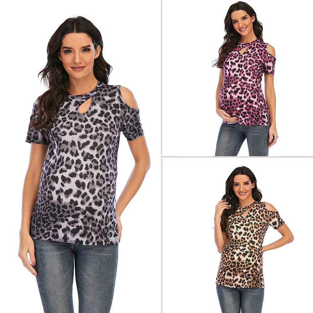 2022 Women's Maternity T-Shirt Clothes for Pregnant Women Plus-Size Summer O-Neck Short Sleeve Leopard Printed Pregnancy Tops