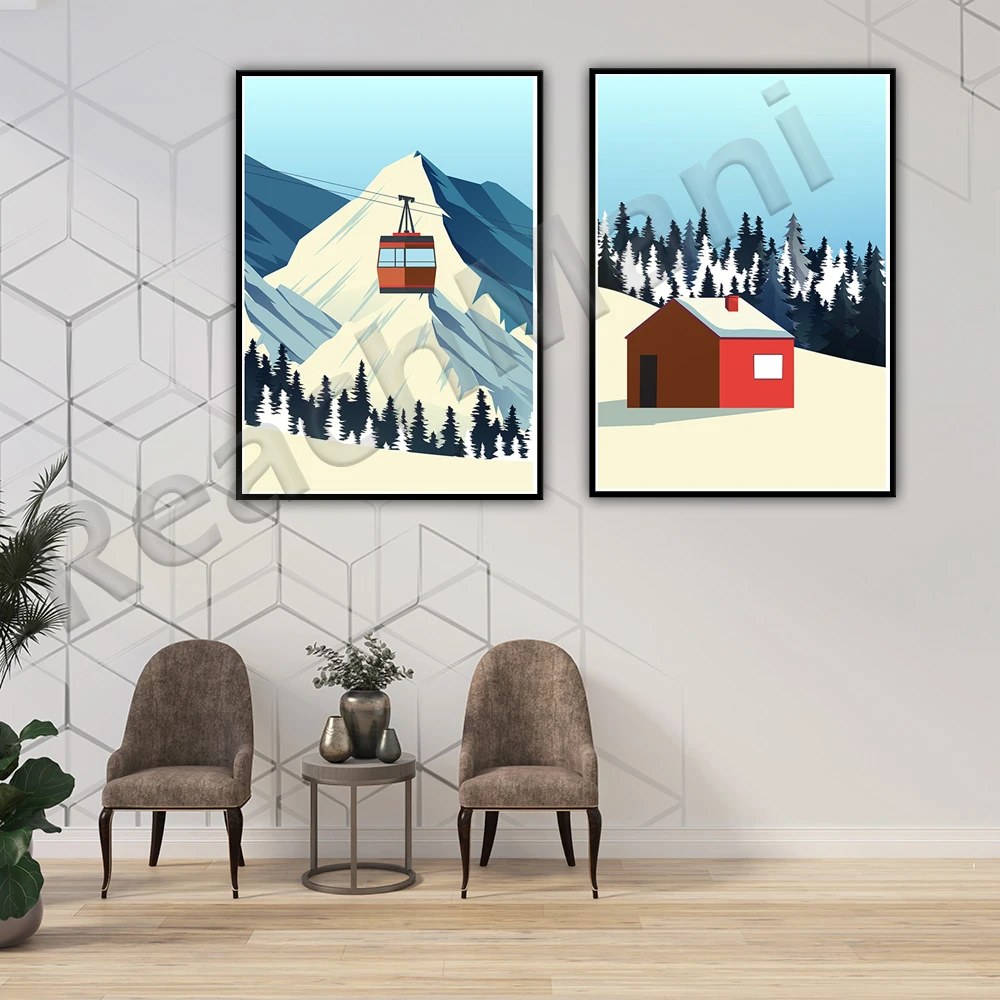 

Skiing Wall Decor, Ski Lift in the Snow, Mountain Cabin Landscape Set, Snowy Mountaintops Poster , Skier Dream Gift