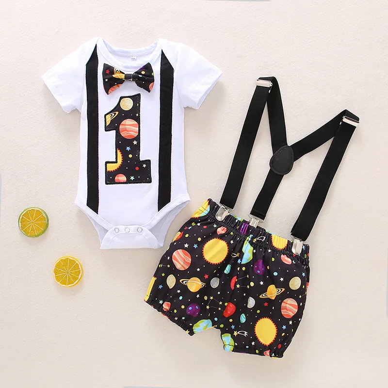 

0-18M Newborn Baby Boy Little Gentleman Short Sleeve Bowtie Cotton Bodysuit Tops Suspender Shorts 2PCS Summer Clothes Set