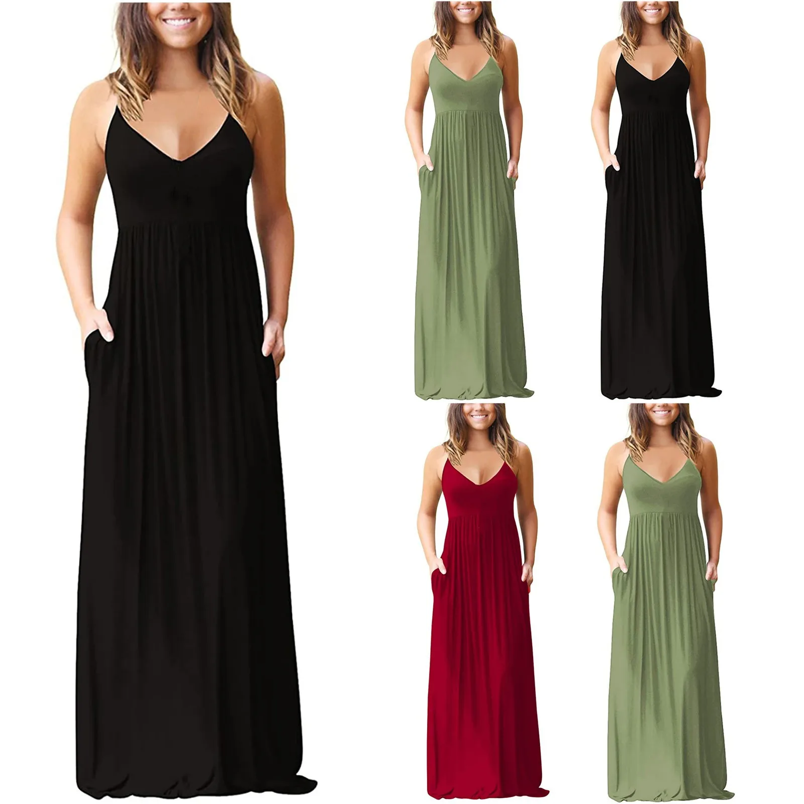 

Женское однотонное платье без рукавов с V-образным вырезом, летнее модное пикантное Клубное платье на бретелях-спагетти вечерние карманами,...