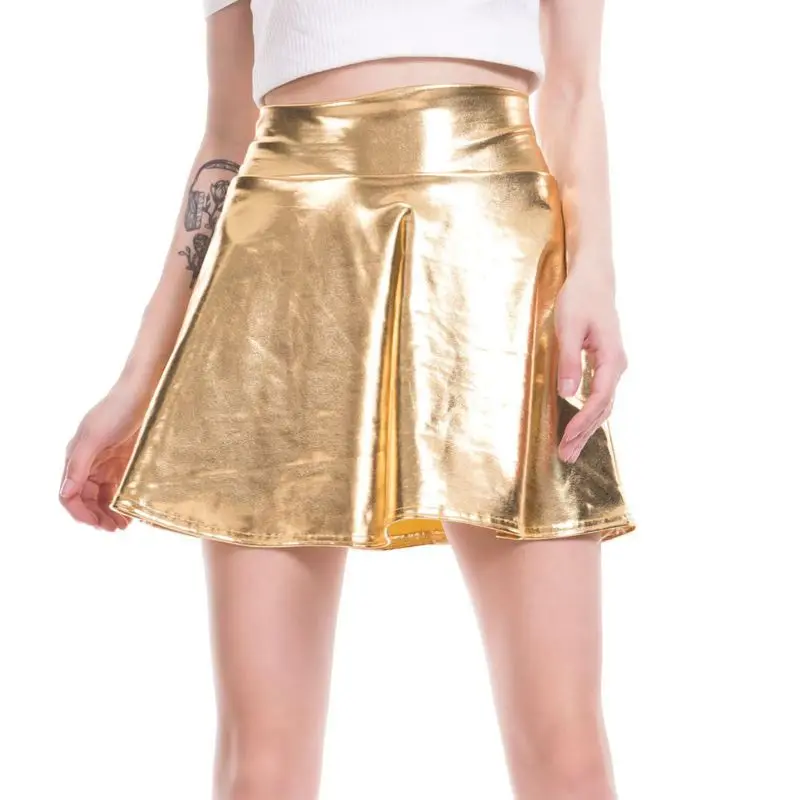 

Womens High Waist Metallic Wet Liquid Faux Leather Look Pleated Flared Skater Mini Skirt Solid Color Glitter A-Line Clubwear