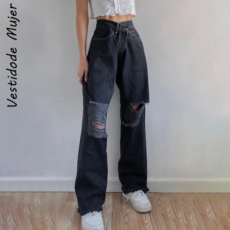 

Y2K Fashion Holes High Waist Jeans Femme Pantalon 90s Vintage Streetwear Loose Korean Trousers Joggers Women Denim Pants Black