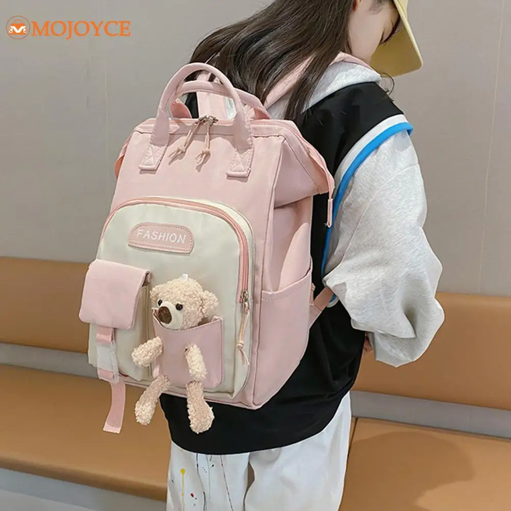 

Waterproof Preppy Style Backpacks Hit Color Plush Bear Rucksack Ladies Casual Large Capacity Handbags Traveling Knapsacks