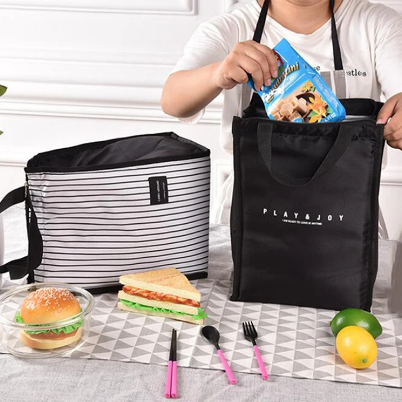 Черно белые полосатые портативные термальные сумки для обеда женщин и детей