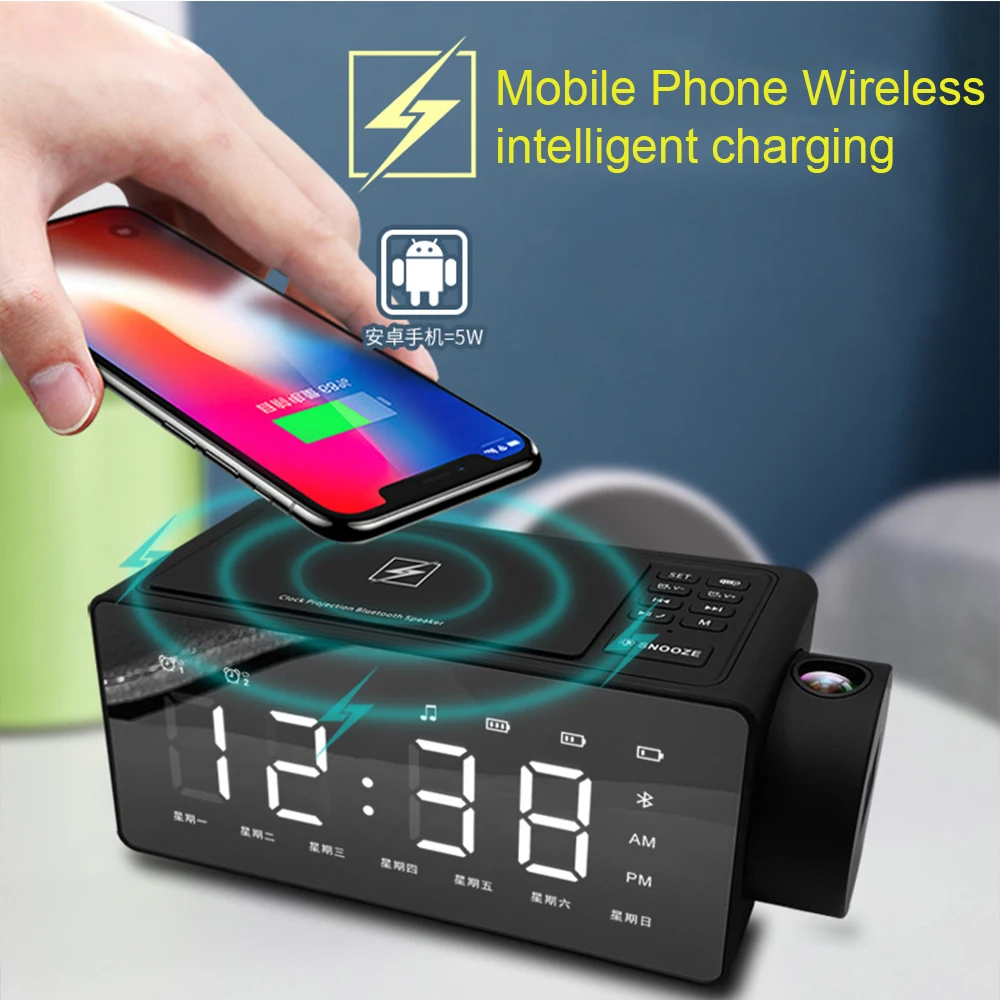 

Будильник Беспроводное зарядное устройство для телефона Bluetooth зеркальный проекционный динамик Super Bass 3D стерео динамик s поддержка TF AUX свето...